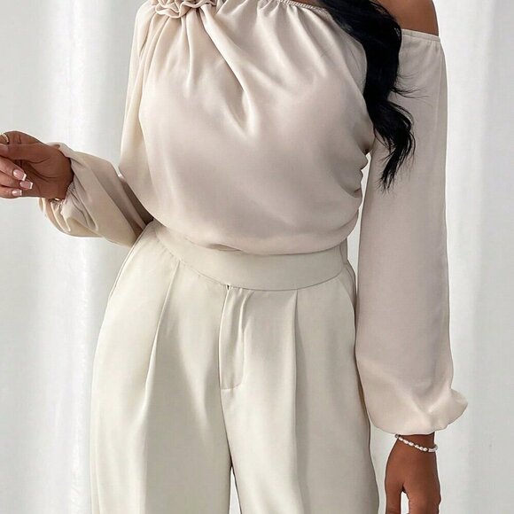 Apricot Elegant Women's Irregular Shoulder Shirt With 3d Flower Decoration - Picture 6 of 6